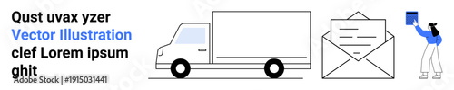 Logistics, delivery services, transportation, shipping, e-commerce, communication. Minimal vector icons of a truck, envelope and courier handling parcel. Logistics and delivery services concepts