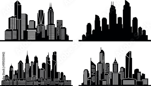 Modern city skyline silhouette vector collection, urban skyscraper architecture flat icons, metropolitan building exterior set, city landscape isolated black graphics.