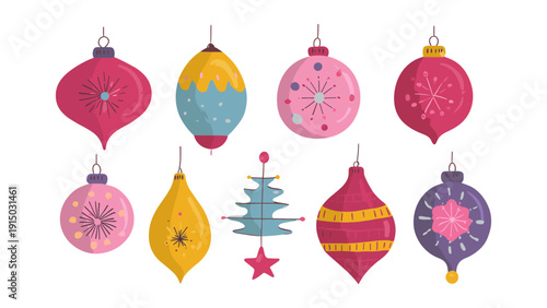 Collection of colorful retro Christmas tree ornaments with unique patterns and shapes