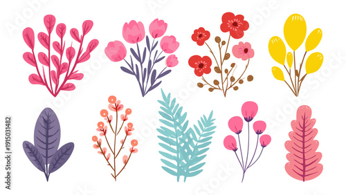 Collection of stylized floral and leaf elements in vibrant colors on a white background