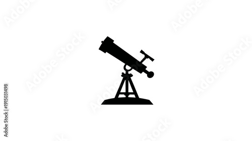 A black silhouette illustration of a telescope on a tripod, against a pure white background