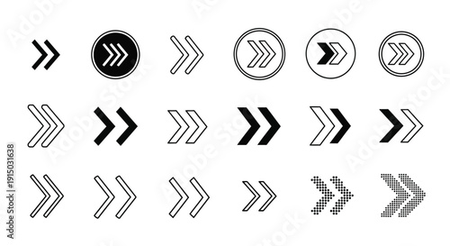 Collection of various fast forward and skip icons featuring double chevron arrows in solid outline and dotted styles