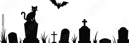 Halloween graveyard silhouette with black cat on tombstone and flying bat isolated on white background vector illustration design