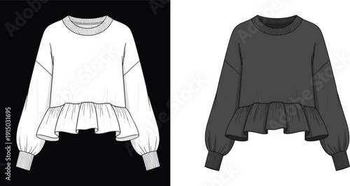 Peplum Hem Sweatshirt Technical Flat Sketch, Women Ruffle Trim Pullover Vector Template, Long Sleeve Fashion Illustration, Crew Neck Sweatshirt Technical Design