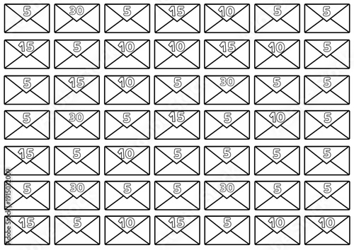 49 envelope shapes with numbers (sum: 500) isolated over white (transparent) background as a money saving challenge printable sheet