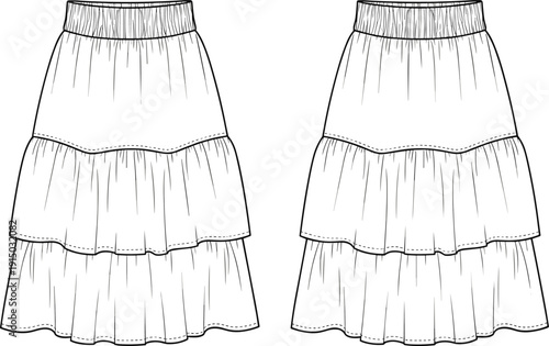 Tiered Ruffle Skirt Technical Flat Sketch, Women Three Layer Maxi Skirt Vector Template, Elastic Waist Summer Skirt Illustration, Front Back View