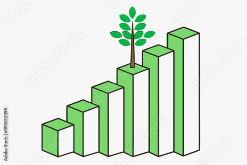 3D illustration of a financial business growth bar chart and market data diagram showing a green arrow moving up toward success and profit