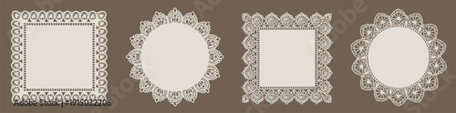 Ornamental hand drawn rococo lace frames with embroidery details. Vintage floral crochet borders, decorative paper cut shapes and elegant doily style elements. Vector illustration.