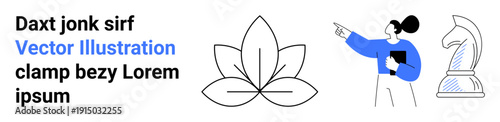 Business strategy, creativity, mindfulness, education, design, leadership. Woman holding a clipboard, a flower icon and a chess knight. Creativity and business strategy symbol