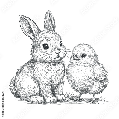 Hand drawn bunny and baby chick in vintage engraving line art style. Cute Easter illustration isolated on white background for spring cards, nursery decor, seasonal design