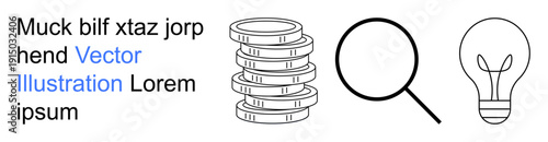Business, innovation, financial analysis, problem-solving, research, creative ideas. Stacked coins, magnifying glass and light bulb in outline style. Business and innovation concept