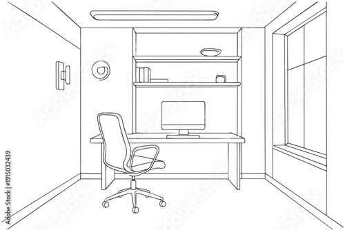 Interior outline sketch drawing perspective of a work room in the house. Workplaces .