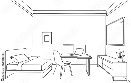 Interior doodle vector illustration. Outline sketch. Bedroom
