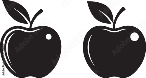 Two black silhouettes of apples with stems and leaves are displayed side by side