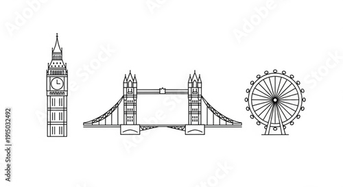 London landmarks illustration big ben tower bridge and ferris wheel in black and white