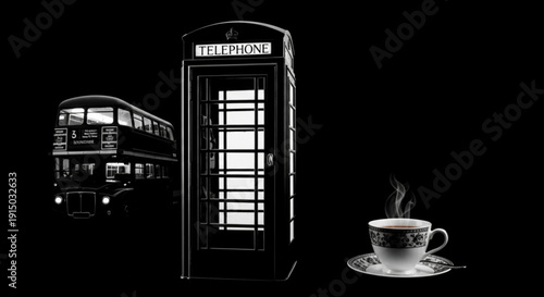 Vintage telephone booth double decker bus and steaming cup of coffee on saucer in black and white