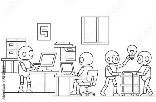 line sketch robots works in smart office place
