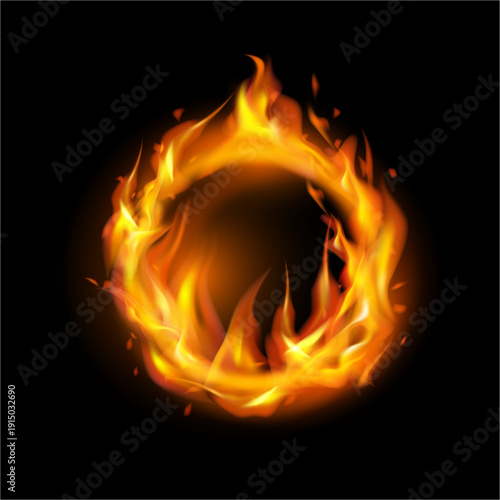 Ring with burning fire, isolated flames and ignition. Vector realistic circle with trails and light smoke. Blazing rounded shape or frame, geometric form with sparkles and high temperature