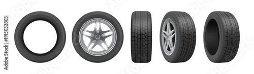 Rubber wheels with pattern for vehicle, automobile or truck. Vector realistic isolated set of car tires in different views. Auto maintenance and replacement for season. Plastic and metal materials