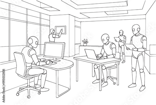 line sketch robots works in smart office place