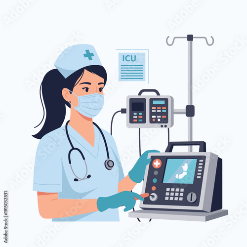 A nurse in a medical uniform and mask operates an infusion pump and other medical equipment in an ICU setting.