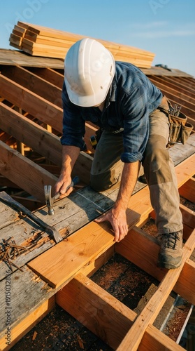 Construction worker in white hard hat uses hammer to secure wooden beams on a roof structure, with stacks of lumber and clear blue sky visible in the background