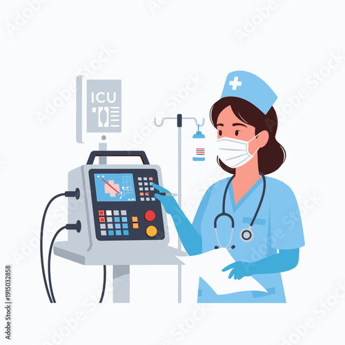 A nurse in a blue uniform and mask operates a medical ventilator in an ICU setting, with vital signs displayed on a screen.