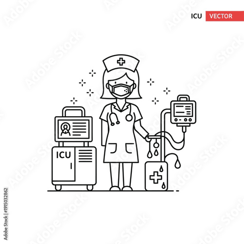 A nurse in uniform with a mask stands next to medical equipment, including an ICU machine and an IV drip.