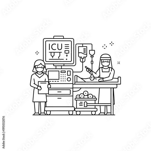 Illustration of healthcare professionals working in an Intensive Care Unit (ICU) with medical equipment, including a ventilator and IV drip.