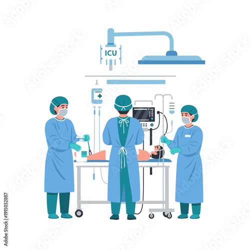 Surgeons in sterile gowns and masks performing a complex medical procedure in an operating room with advanced equipment.