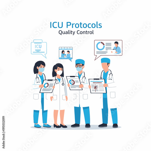 Medical professionals collaborating on ICU protocols and quality control, discussing patient care and data analysis.