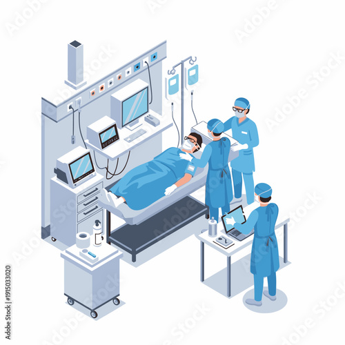 An isometric illustration of a surgical team performing a complex operation on a patient in a modern operating room.