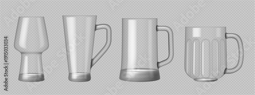 Empty beer mugs with handles for serving alcoholic beverage, cider or lager. Vector in realistic style, isolated set of glassware for restaurant, brewery or pub. Simple tableware for alcohol