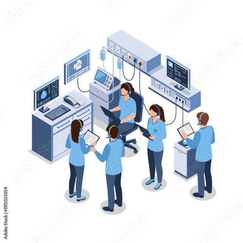 Medical professionals working together in a laboratory setting with various equipment.