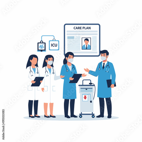 Medical professionals discussing patient care plan in hospital setting.