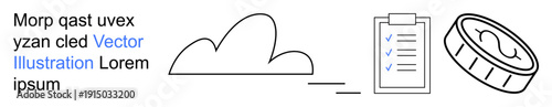 Cloud computing, task management, blockchain, workflow, digital currency, data storage. Cloud icon, checklist and coin symbol in minimal style. Cloud computing and task management visual theme