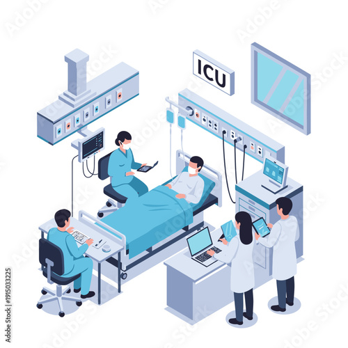 Medical staff attending to a patient in an intensive care unit.
