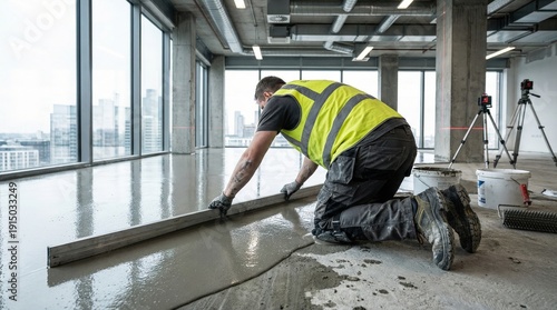 Construction worker in safety vest kneeling on concrete floor while leveling freshly poured cement in modern office building with large windows and city skyline visible in the background