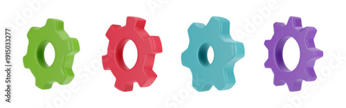 Cogwheel gear, 3d setting symbols collection. Vector isolated set of rotating machine parts with cut teeth or cogs, side view. Mechanical systems component to transmit torque after motion