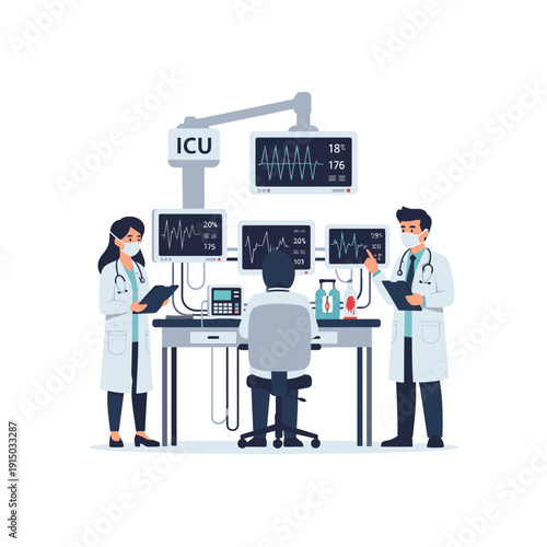 Medical professionals monitoring patient in intensive care unit.