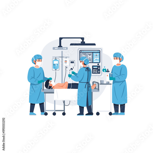 Medical professionals in blue scrubs attending to a patient on a hospital bed.