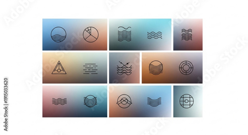 Collection of 12 gradient background icons for warning danger and caution signs with abstract symbols and shapes