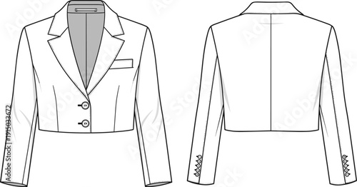 Women Fashion Technical Sketch of Cropped Blazer Jacket Featuring Notched Lapel Double Button Closure and Long Sleeves with Cuff Buttons Vector