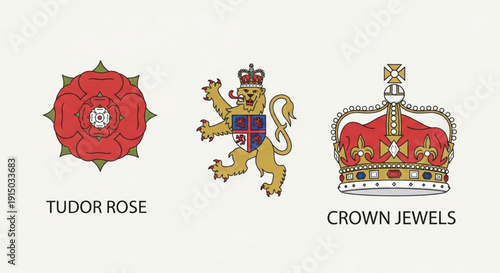 Tudor rose lion and crown jewels emblems on cream background
