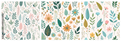 Motif Triptyque Illustrations Fleurs et Feuillages Nature Végétation Mélange, Papier Peint Couleurs diverses Vecteur