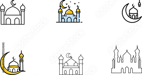 Religious symbols representing various aspects of islamic culture and architecture isolated on white background, Vector