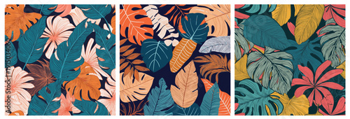 Triptyque Motif feuillages, 3 Illustrations Plantes tropicales, mélange naturel jungle couleurs bleu et orange, Vecteur
