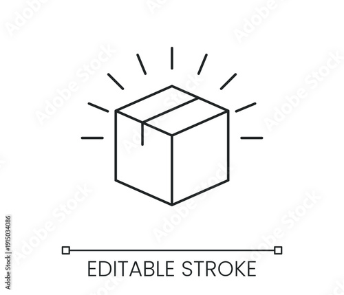 Cardboard box delivery icon with light rays representing new package arrival or unboxing experience. Line with editable stroke single symbol. Thin linear style sign. Outline vector illustration