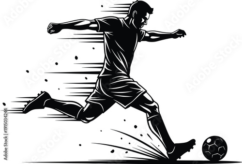 Black and White Vector Illustration of Soccer Player Kicking Ball with Motion Blur Action Lines for Sports Competition Graphic Design