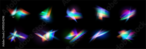 Iridescent crystal leak reflection effect. Vector isolated collection of optical rainbow lights. Radiance glare, streak overlay of gleam. Lenses and glow flares with rainbow consequence